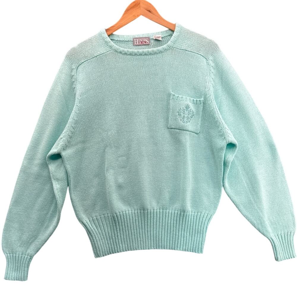 Honors Vintage Teal Blue Long Sleeve Pocket Sweater Women Large